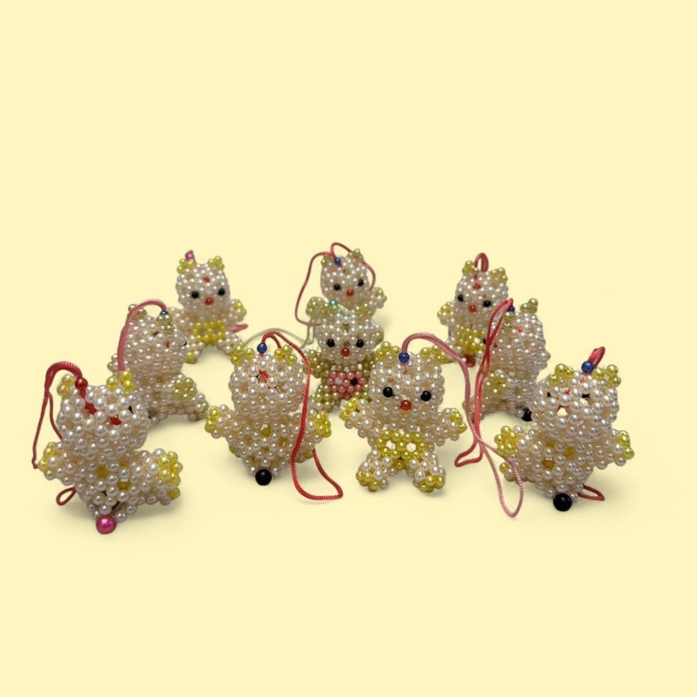 ✨ 10 Handmade Beaded Bear Christmas Ornaments – Yellow Accents ✨
